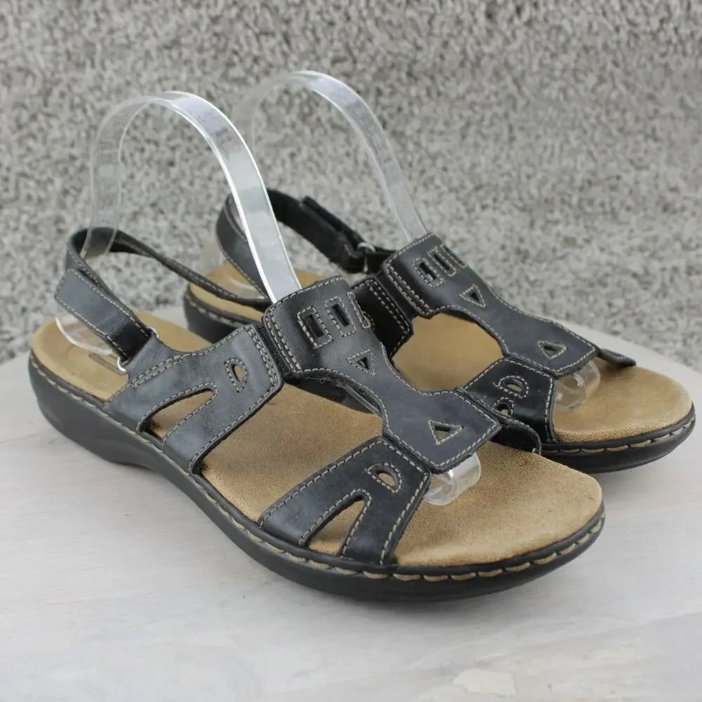 Clarks Collection Leisa Strappy Comfort Sandals Black Leather Womens 9 - Picture 1 of 7